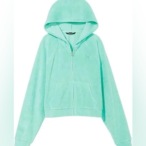 Victoria’s Secret Tourquoise Blue Green Cropped Zip-Up Sweater Terry Cloth Sz XS - Picture 2 of 16